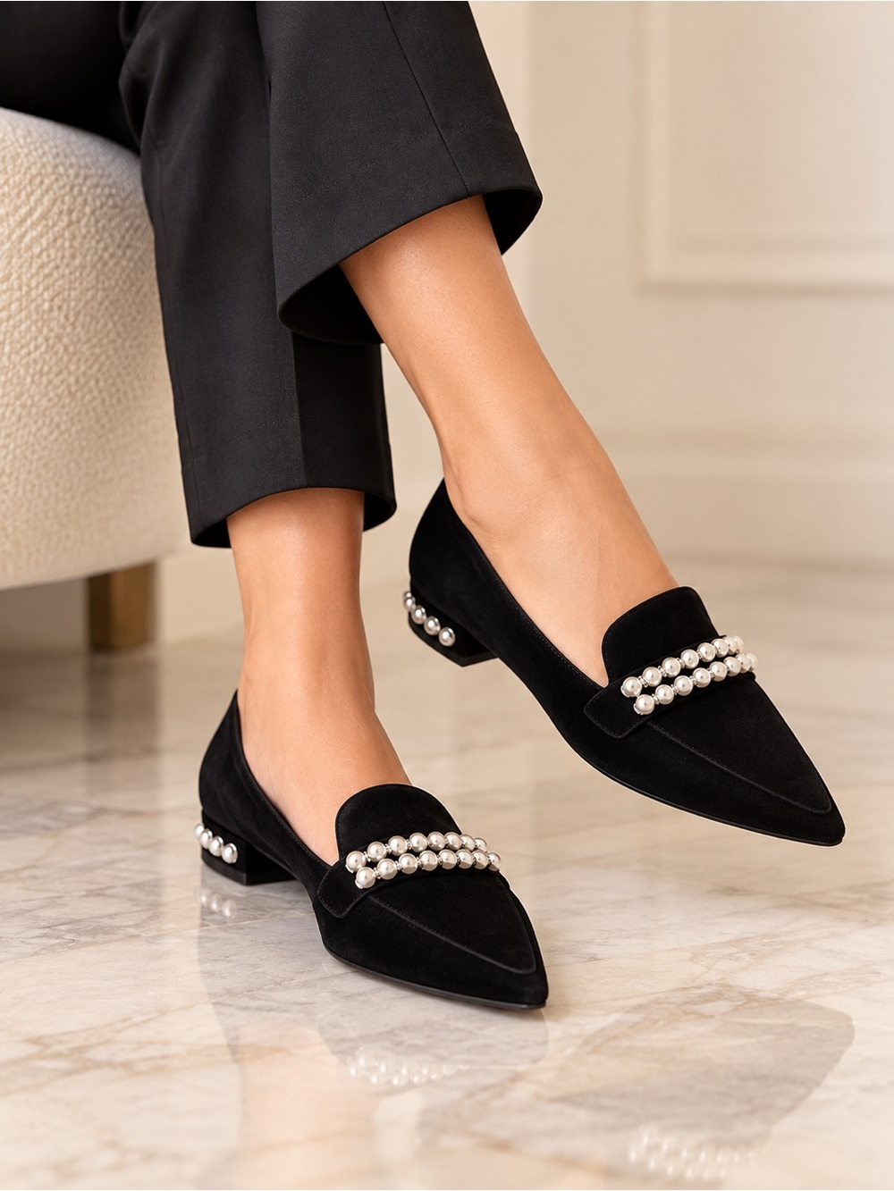 Stuart Weitzman Black Suede Pearl Embellished Pointed-Toe Loafers Size 8N